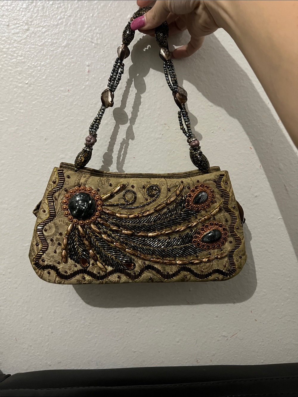 Vintage Y2K Beaded Peacock Tapestry Shoulder Bag